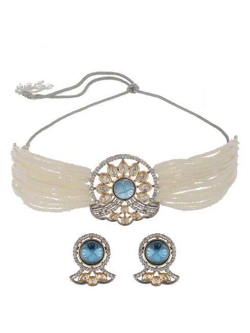 GoldPlated Blue Uncut Polki Pearl Beaded Choker Jewellery Set