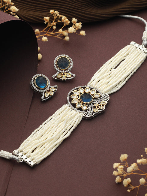 GoldPlated Blue Uncut Polki Pearl Beaded Choker Jewellery Set