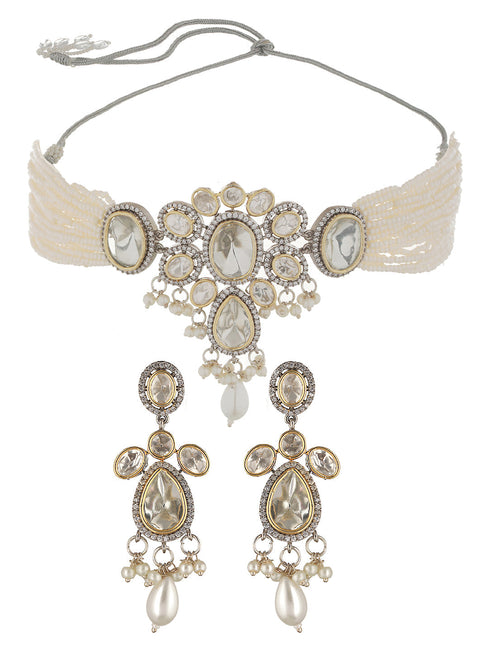 GoldPlated White Uncut Polki & Pearl Beaded Floral Choker Jewellery Set