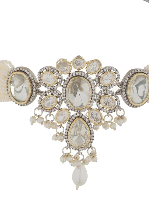 GoldPlated White Uncut Polki & Pearl Beaded Floral Choker Jewellery Set