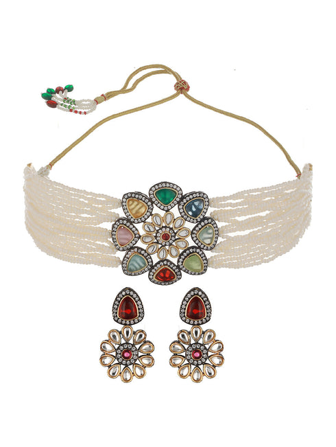 GoldPlated & Multi Stone Pearl Beaded Choker Jewellery Set