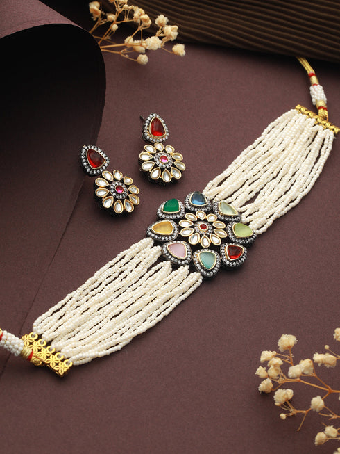GoldPlated & Multi Stone Pearl Beaded Choker Jewellery Set