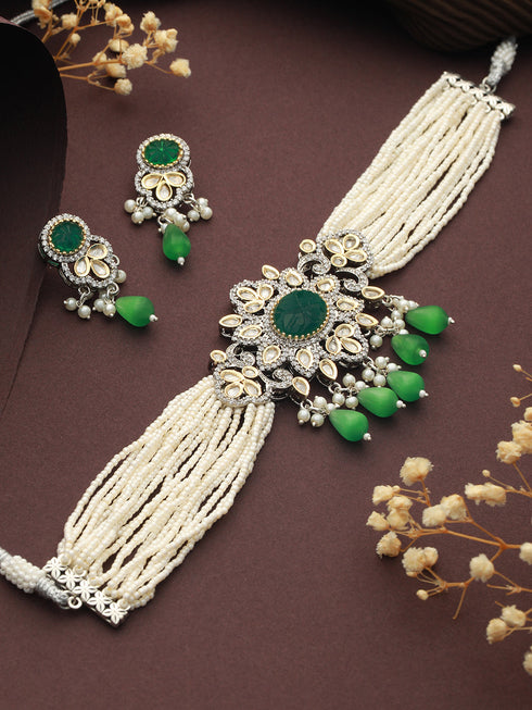 White & Green Studded Pearl Beaded Multistrand Handcrafted Choker Jewellery Set