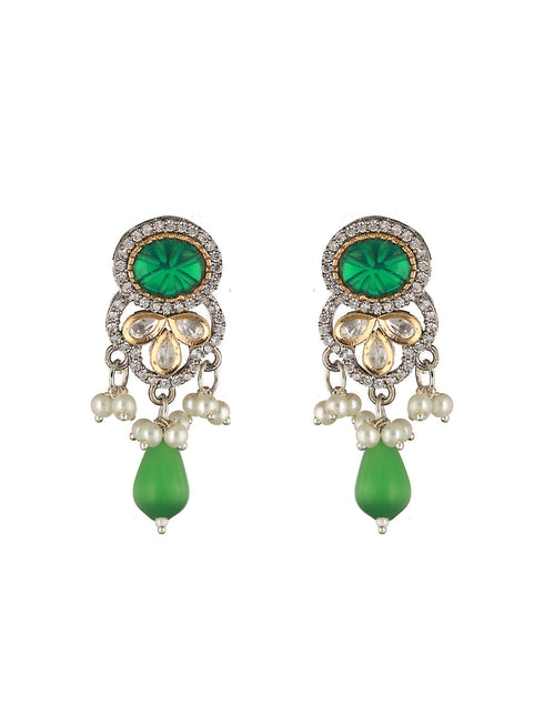White & Green Studded Pearl Beaded Multistrand Handcrafted Choker Jewellery Set