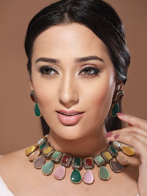 Gold Plated Multi Polki Kundan Studded Pearl Beaded Jewellery Set