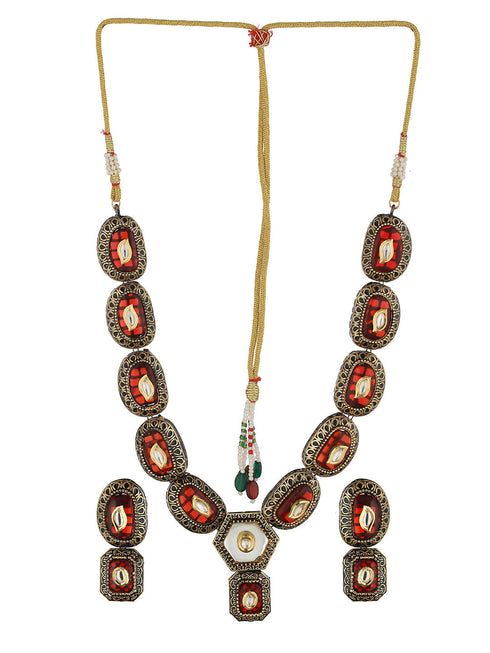 Gold Toned Red KundanStudded & Beaded Jewellery Set