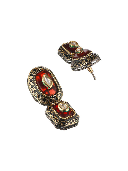 Gold Toned Red KundanStudded & Beaded Jewellery Set