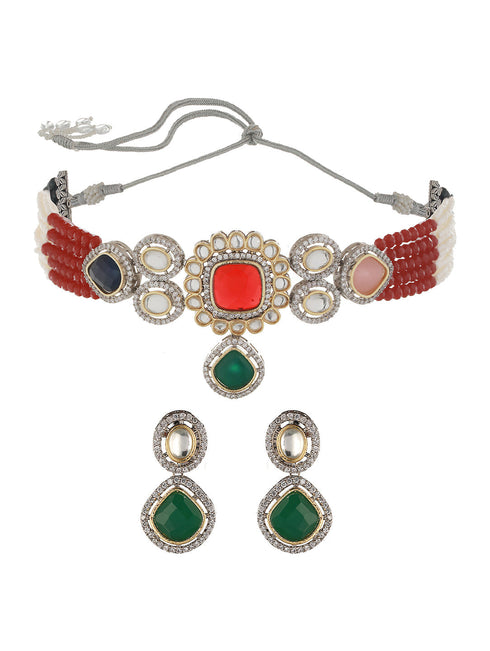 Multi Colored Victorian Dual Tone Stone Studded Jewellery Set