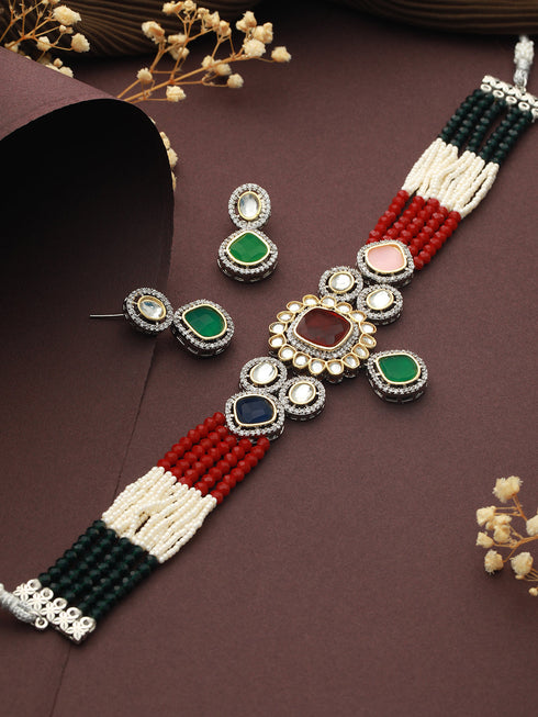 Multi Colored Victorian Dual Tone Stone Studded Jewellery Set