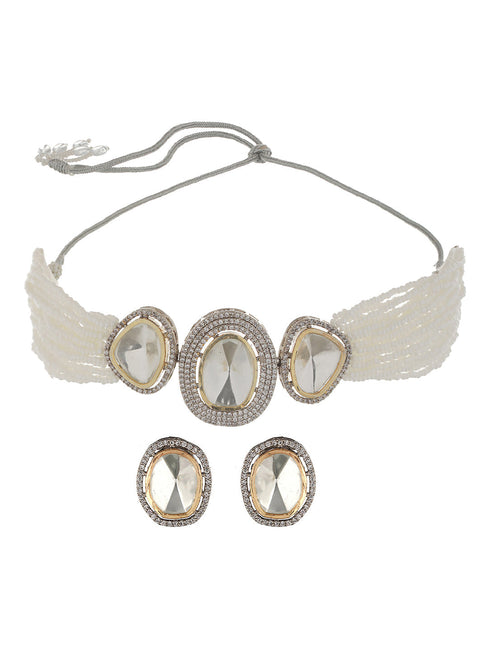 Gold Toned White Moissanite AD Studded Pearl Beaded Statement Choker Jewellery Set