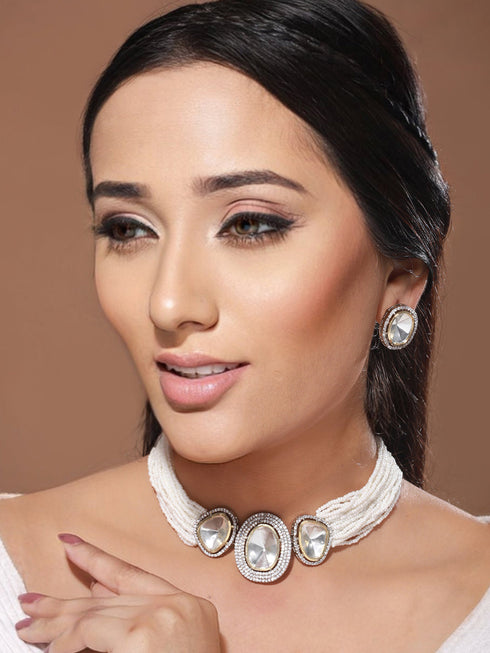 Gold Toned White Moissanite AD Studded Pearl Beaded Statement Choker Jewellery Set