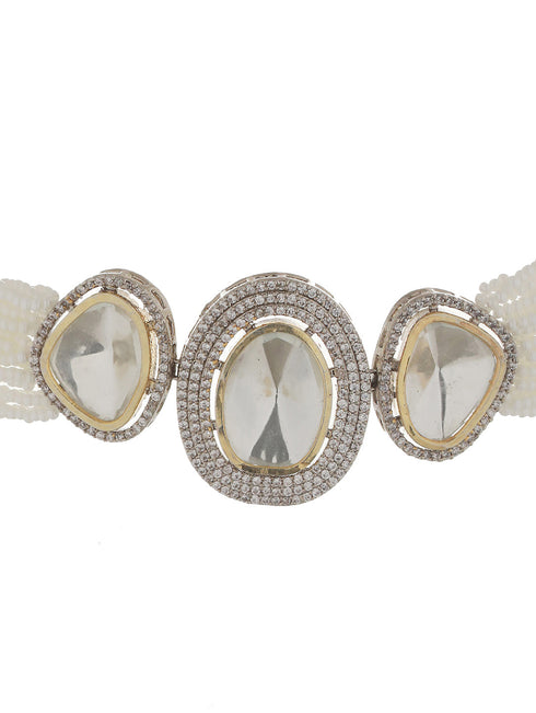 Gold Toned White Moissanite AD Studded Pearl Beaded Statement Choker Jewellery Set