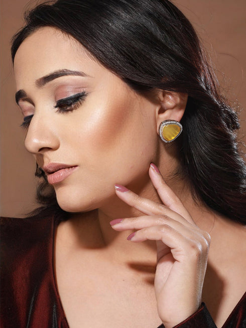 Oxidised Yellow AD Studded Minimal Studs Earrings