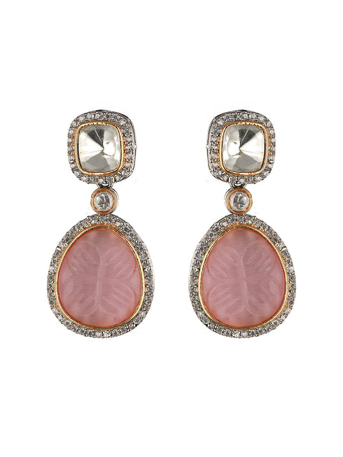 Gold Oxidised Pink Mossanite Handcrafted Drop Earrings