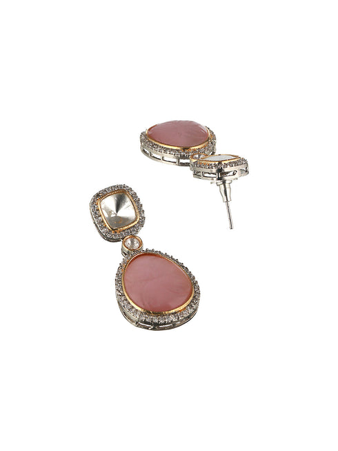 Gold Oxidised Pink Mossanite Handcrafted Drop Earrings