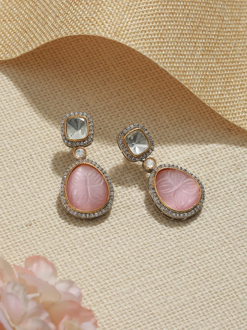 Gold Oxidised Pink Mossanite Handcrafted Drop Earrings