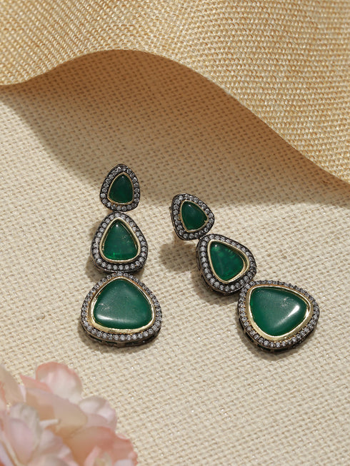 Gold Oxidised Green AD Handcrafted Designer Earrings