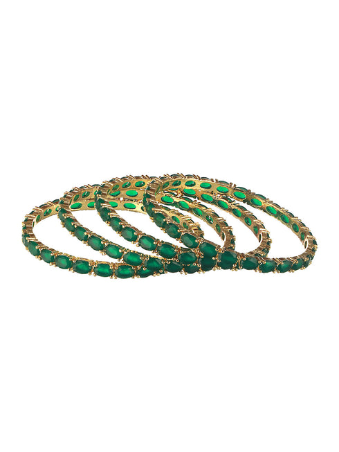Gold Plated Set of 4 Green Emerald Stone Studded Bangles