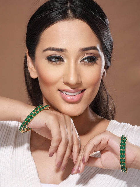 Gold Plated Set of 4 Green Emerald Stone Studded Bangles