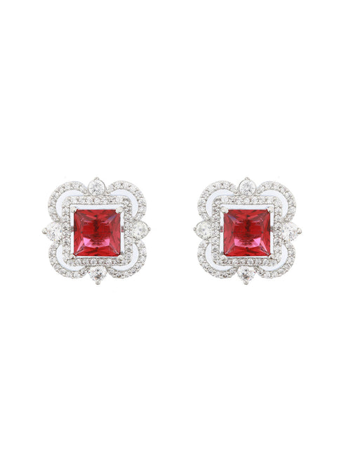 Silver Plated Red AD Studded Minimal Studs Earrings