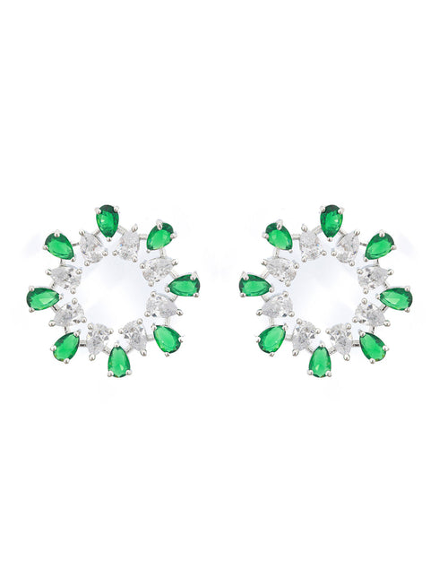 Silver Plated Green CZ Studded Minimal Hoops Earrings