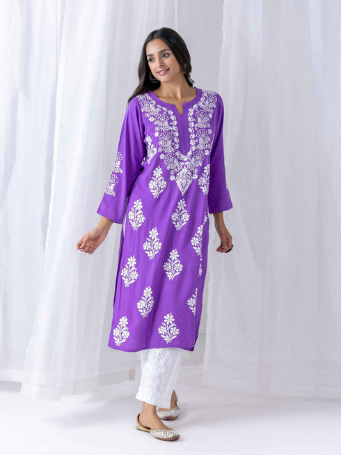 Fizaa Hand Embroidered Chikankari Kurta in Purple