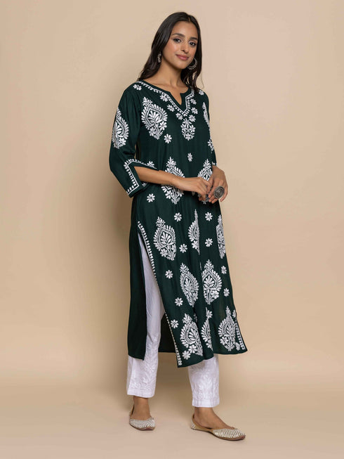 Jhanvi in Fizaa Chikankari Kurta in Rayon Cotton Notch Neck Sea Green