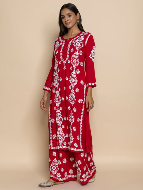 Fizaa chikankari Kurta in Modal cotton with Notch Neck Red