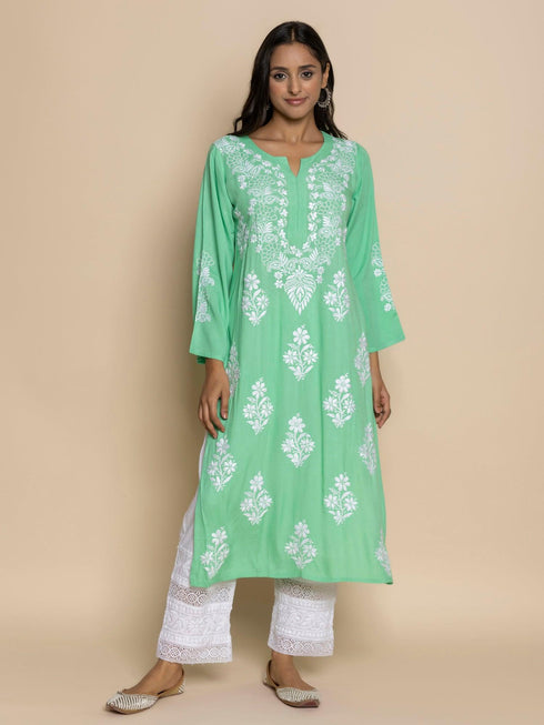 Fizaa Hand Embroidered Chikankari Kurta in Sea Green