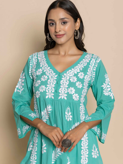 Fizaa Chikankari Kurta in Cotton V Neck Sea Green