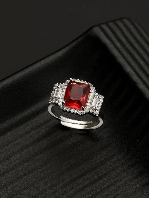 Silver Plated Red AD Studded Minimal Engagement Finger Ring