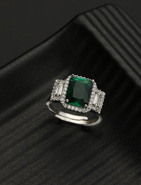 Silver Plated Green AD Embellished minimal Engagement Ring