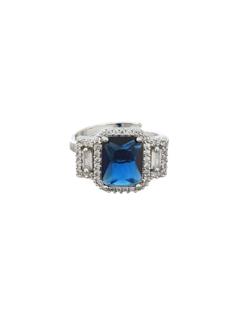 Silver Plated Blue CZ Studded Statement Finger Ring