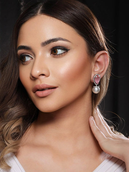 White Rhodium Pearl Beaded Pink AD Studded Luxe Minimal
