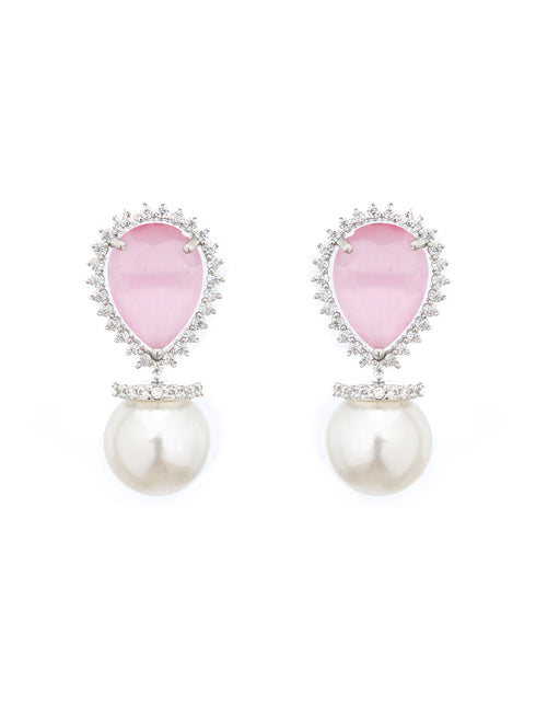 White Rhodium Pearl Beaded Pink AD Studded Luxe Minimal
