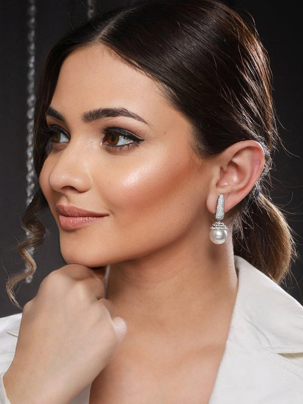 Silver toned Pearl Statement Drop Minimal Drop Earrings