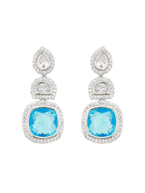 Silver Toned Blue Turquoise CZ Statement Drop earrings