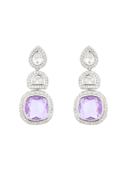 White Rhodium Lavender CZ Studded statement Drop Earrings