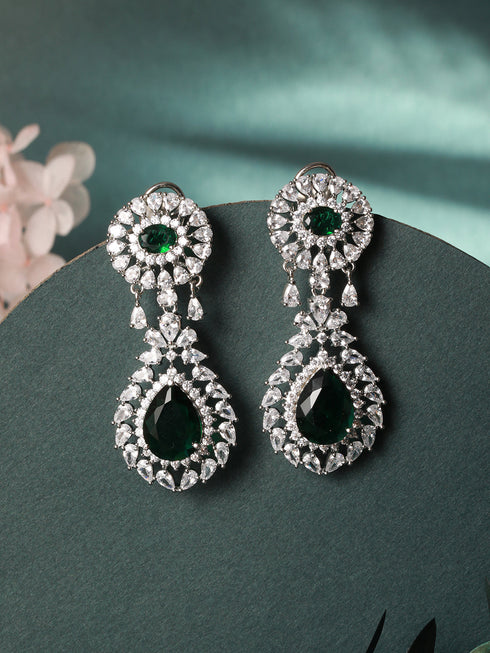 Silver Plated Green AD Studded Statement Drop Earrings