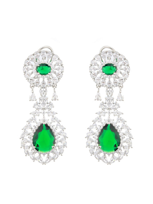 Silver Plated Green AD Studded Statement Drop Earrings