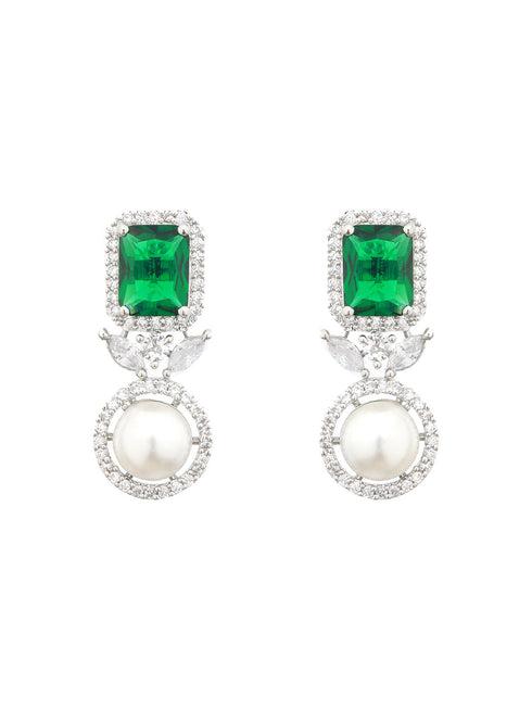 Silver Plated Green CZ Studded Pearl Beaded Minimal Locket jewellery Set