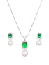 Silver Plated Green CZ Studded Pearl Beaded Minimal Locket jewellery Set