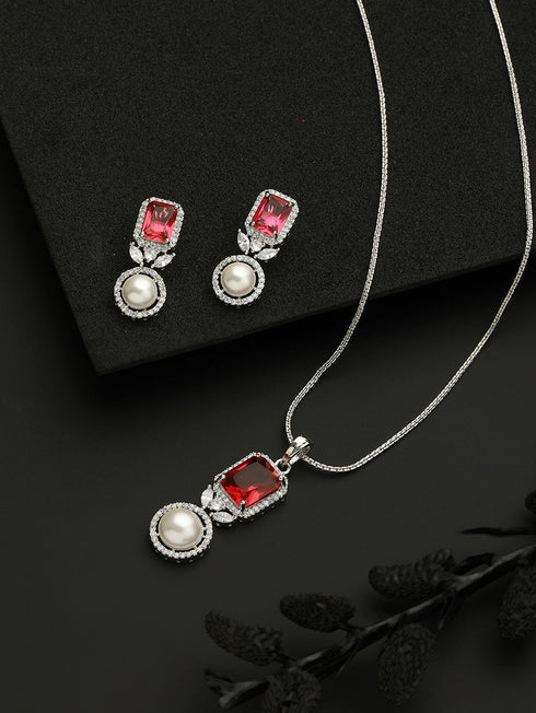Silver Plated Red CZ Studded Pearl Beaded Minimal Locket jewellery Set