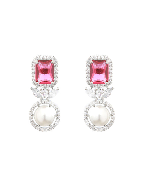Silver Plated Red CZ Studded Pearl Beaded Minimal Locket jewellery Set