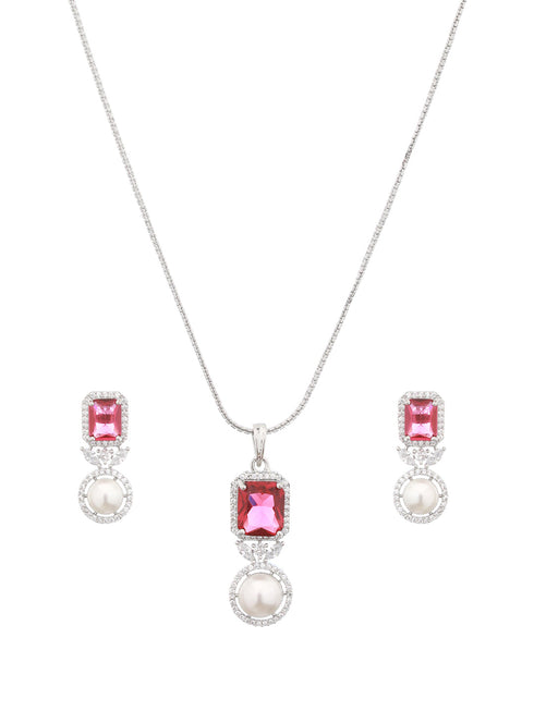 Silver Plated Red CZ Studded Pearl Beaded Minimal Locket jewellery Set