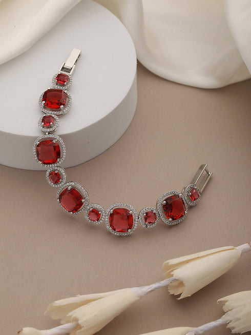 Rhodium Plated Red Zircon Studded tennis Wraparound Bracelet