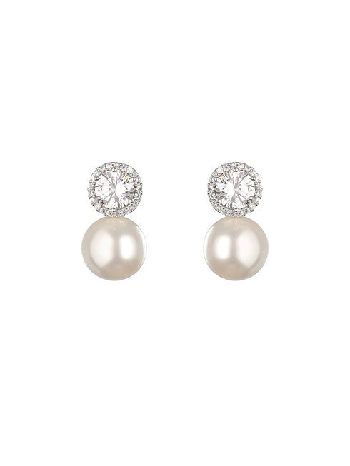 Rhodium Plated Zircon & Pearl Studded Minimal Studds Earrings