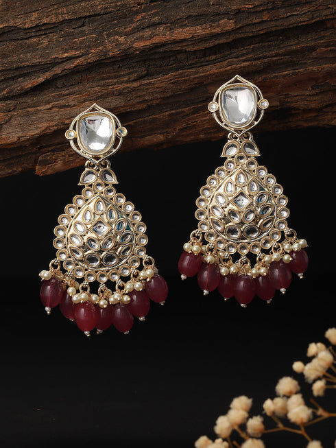 Gold Toned Kundan Studded Pink Pearl Beaded Chandbali Earring