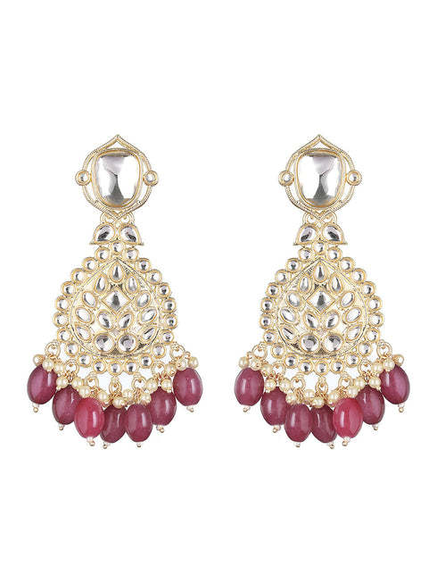 Gold Toned Kundan Studded Pink Pearl Beaded Chandbali Earring