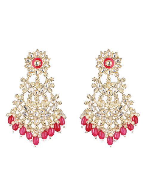 Gold Toned Kundan Studded Pink Dropdown Chandelier Earrings